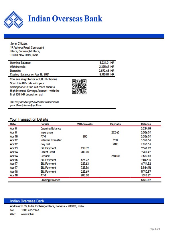 1ONE CARD Bank Statement - BankStatements.net